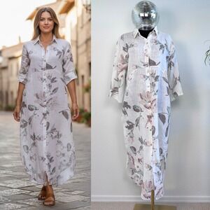Milio Milano Floral Linen Button‎ Down Shirt Dress, Size Small, Maxi White